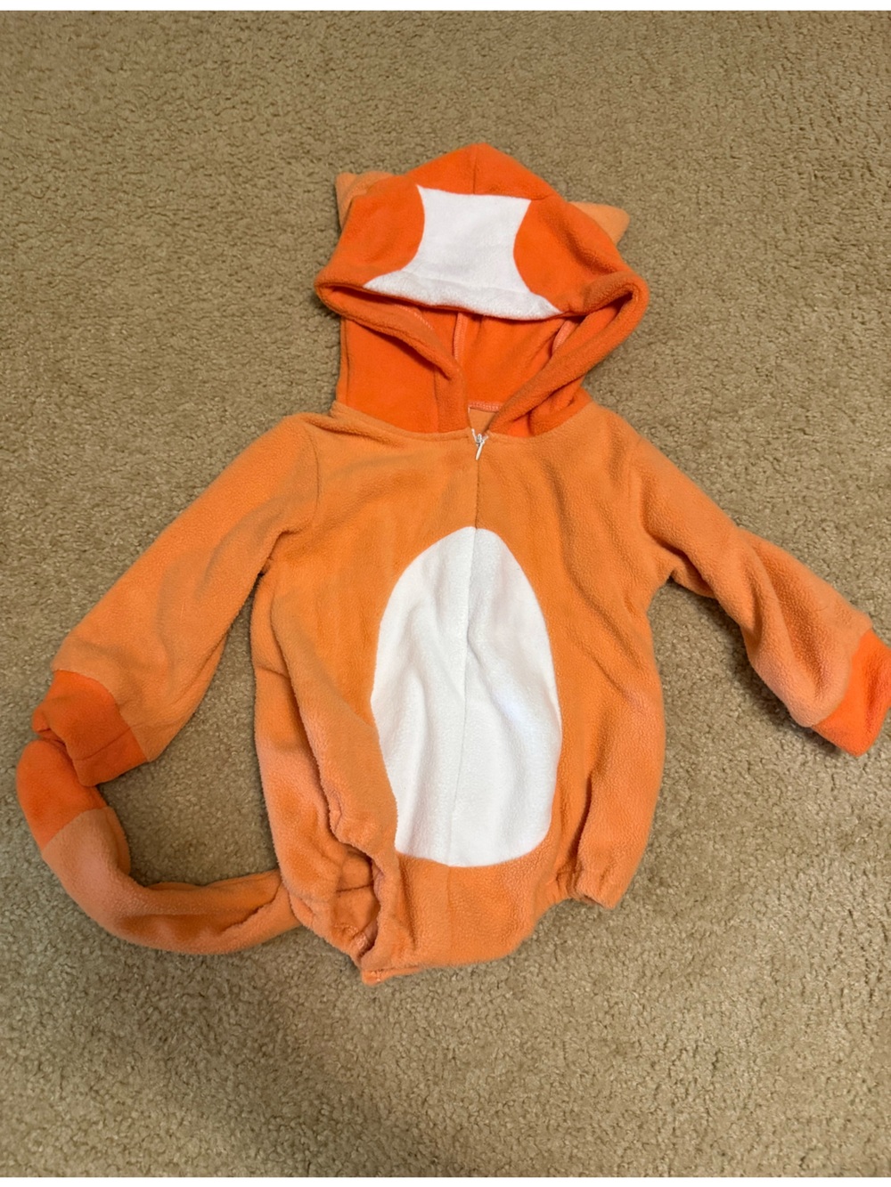 Baby Orange Hooded Animal Fleece Bodysuit with Tail